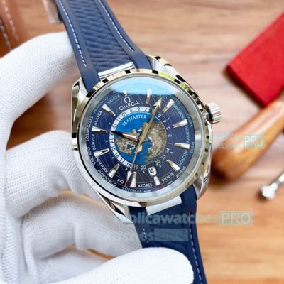 Replica Omega Seamaster Aqua Terra Worldtimer Blue Leather Strap Watch 42mm